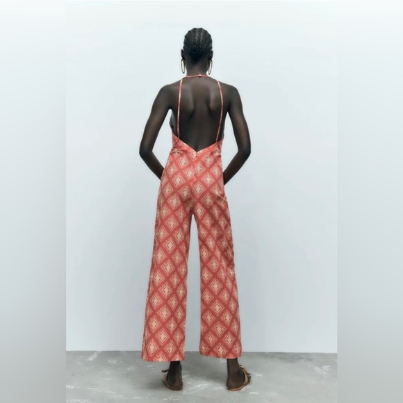 Zara NWOT Printed The Jami Print Jumpsuit orange/creme size Small - Picture 2 of 9